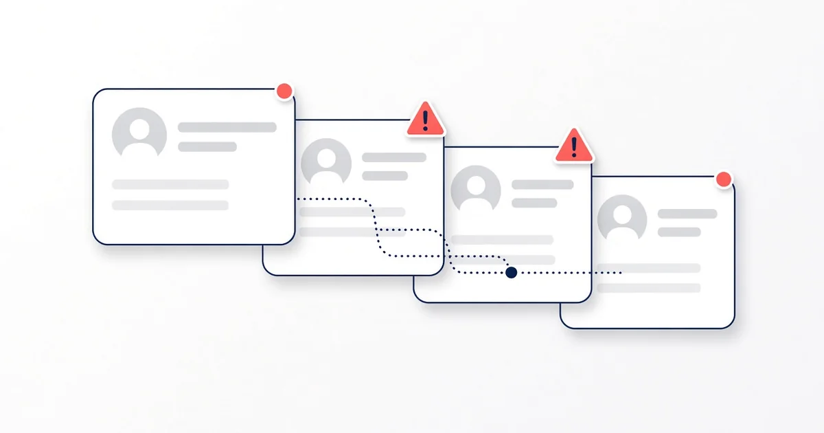 Illustration of overlapping player profile cards linked by a dotted line, two marked with warning badges, representing multi-account bonus abuse signals