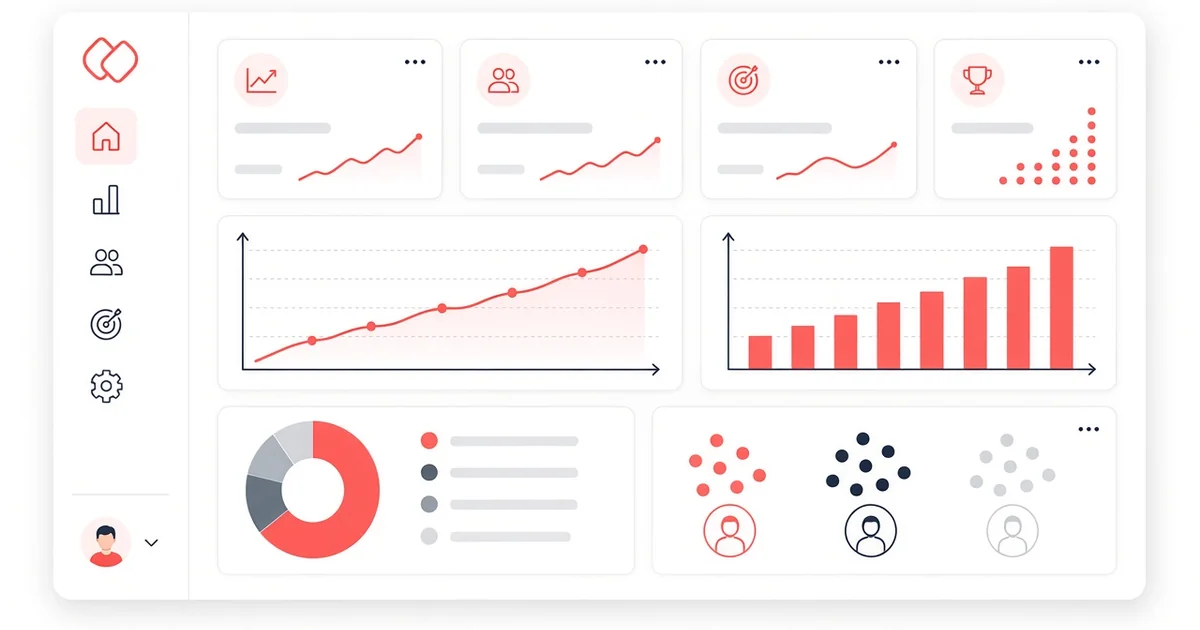 Illustration of an analytics dashboard with rising line and bar charts, a segment donut chart and player segment groups